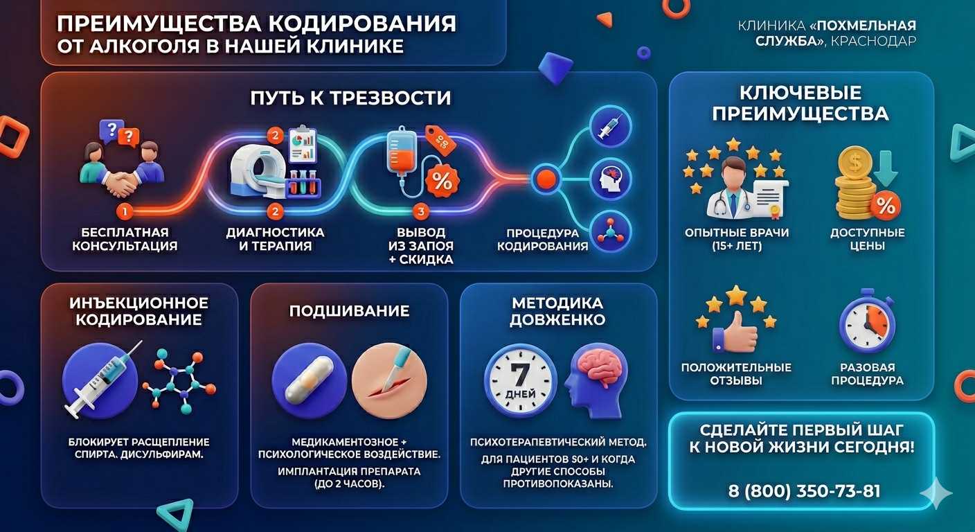 Инфографика о методах кодирования от алкоголя в Кореизе: инъекции, подшивание, метод Довженко. Преимущества клиники и этапы лечения.