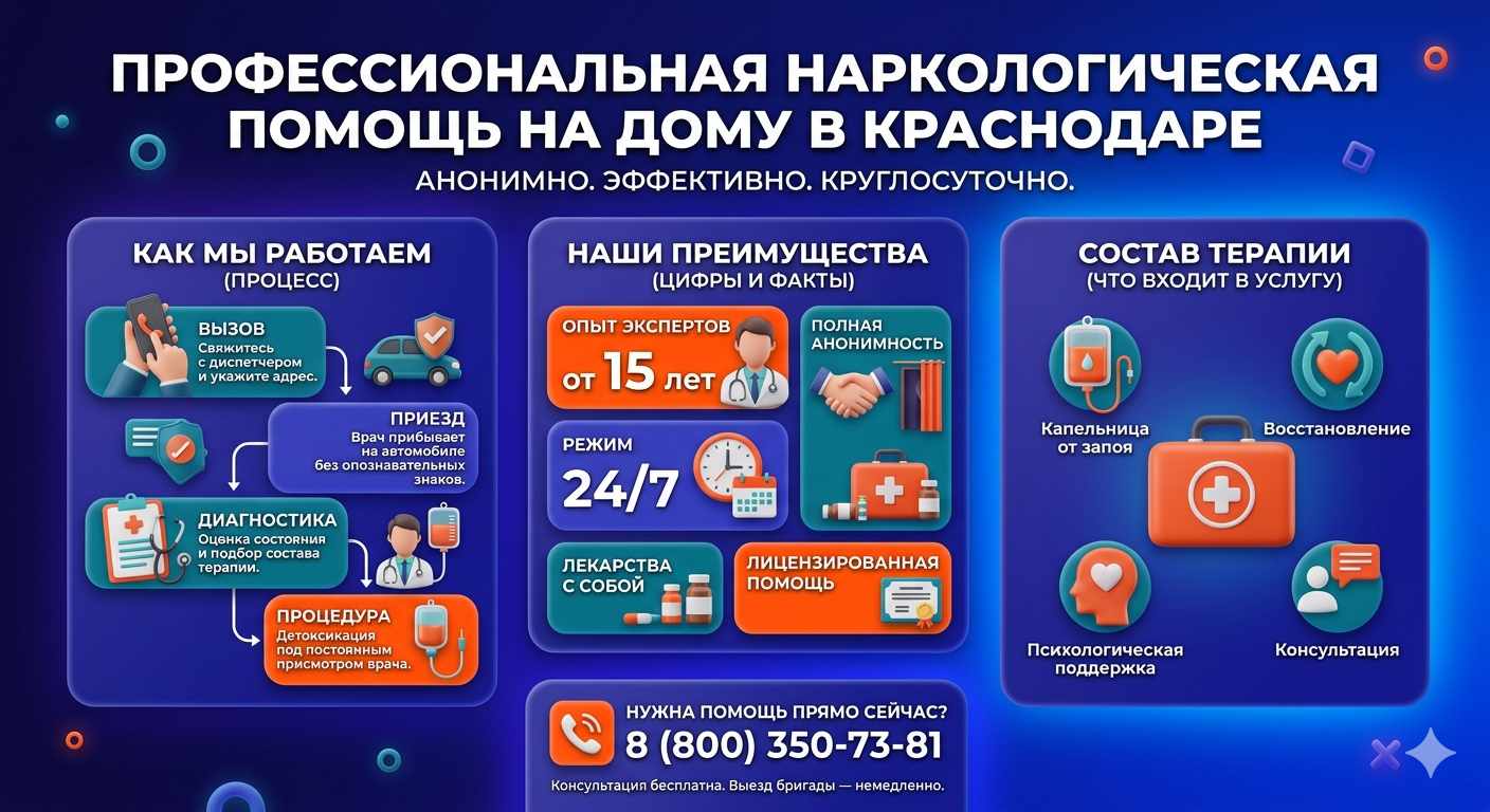 Инфографика о принципах лечения алкоголизма на дому в Кореизе: этапы вызова нарколога, преимущества анонимной детоксикации и состав медицинской помощи.